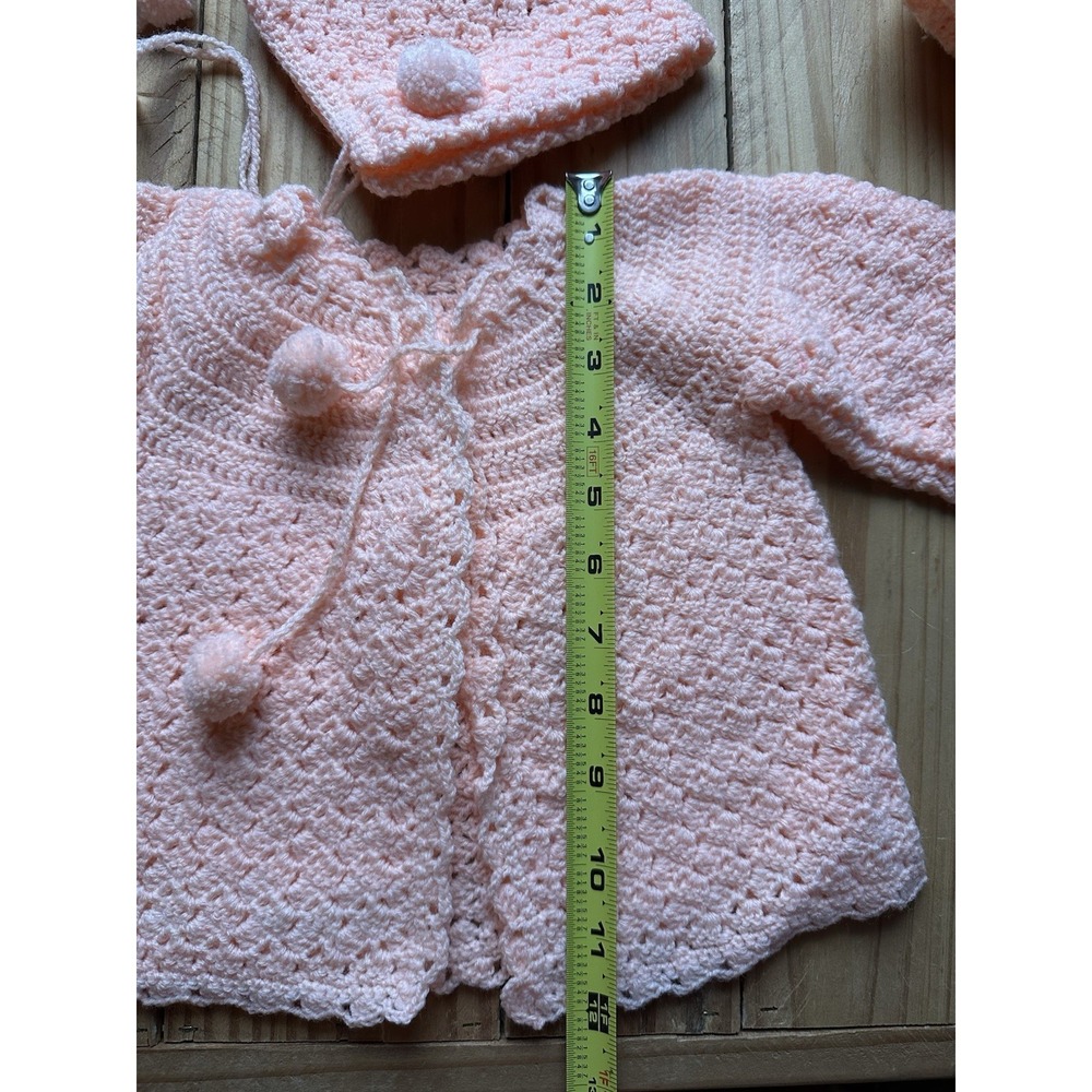 Vintage Baby Pink/Peach Knitted / Crocheted Sweater Hat And Blanket Set - Picture 8 of 12